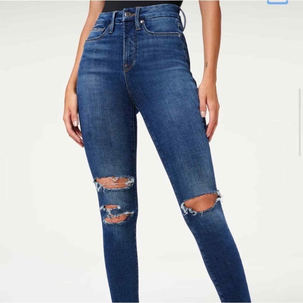 Good American High Rise Ripped Jeans - Dark Blue